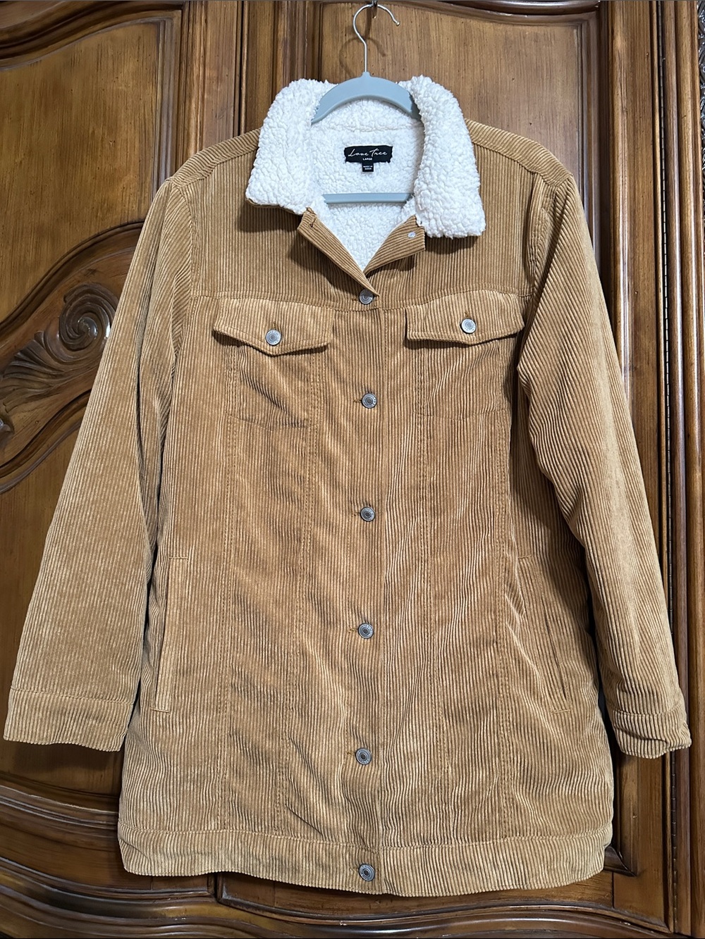 Love Tree Tan Corduroy Sherpa-Trim lined Shacket Jacket Large